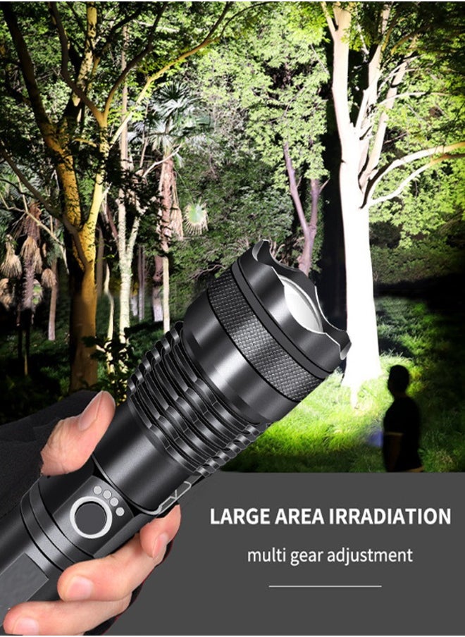 Super Bright 2000 Lumens, 26650 Battery Rechargeable LED Flashlight, 5000mAh Tactical Zoom Flashlight, 12 Hours Run Time, 500m Range, 5 Modes, Professional Outdoor Camping Light, LED Flashlight Waterproof UAE