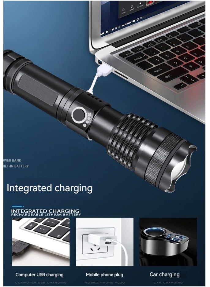 Super Bright 2000 Lumens, 26650 Battery Rechargeable LED Flashlight, 5000mAh Tactical Zoom Flashlight, 12 Hours Run Time, 500m Range, 5 Modes, Professional Outdoor Camping Light, LED Flashlight Waterproof UAE