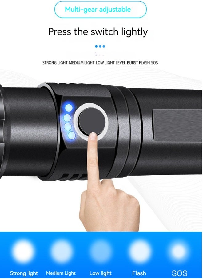 Super Bright 2000 Lumens, 26650 Battery Rechargeable LED Flashlight, 5000mAh Tactical Zoom Flashlight, 12 Hours Run Time, 500m Range, 5 Modes, Professional Outdoor Camping Light, LED Flashlight Waterproof UAE