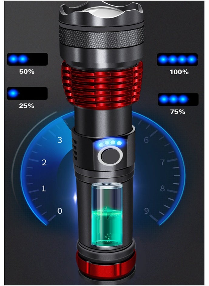 Super Bright 2000 Lumens, 26650 Battery Rechargeable LED Flashlight, 5000mAh Tactical Zoom Flashlight, 12 Hours Run Time, 500m Range, 5 Modes, Professional Outdoor Camping Light, LED Flashlight Waterproof UAE