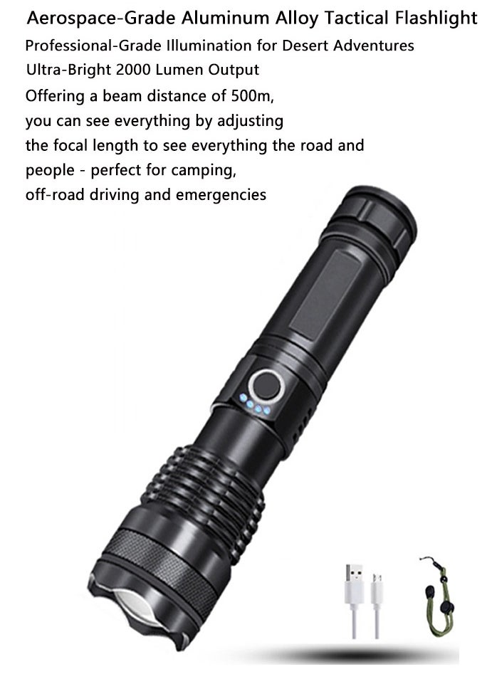 Super Bright 2000 Lumens Rechargeable LED Flashlight | 5000mAh Tactical Zoomable Flashlight with 10H Runtime, 500M Range & 5 Modes | Professional Outdoor Camping Light (Waterproof)