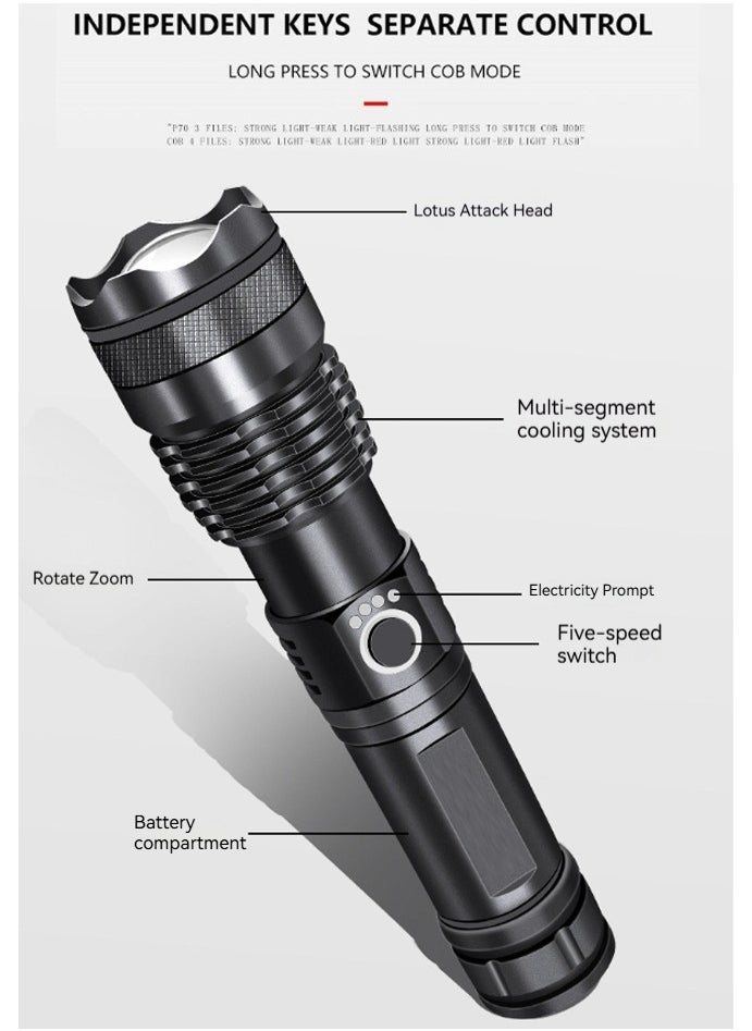 Super Bright 2000 Lumens, 26650 Battery Rechargeable LED Flashlight, 5000mAh Tactical Zoom Flashlight, 12 Hours Run Time, 500m Range, 5 Modes, Professional Outdoor Camping Light, LED Flashlight Waterproof UAE