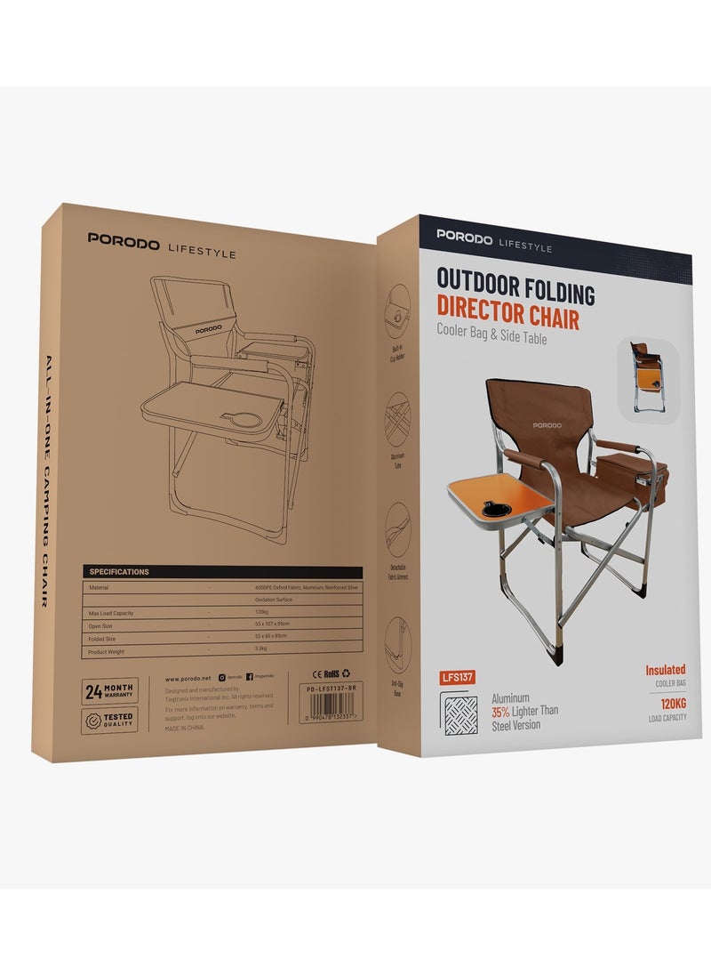Lifestyle Outdoor Foldable Director Chair with Cooler Bag and Side Table / Travel and Camping Chair / Lightweight Chair / Comfortable and Reliable Seat / Built-In Cup Holder - Brown