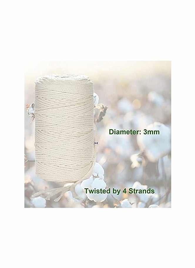 Macrame Cord, Cotton Rope 3mm x 220 yd (About 200m) 4 Strand Twisted 100% Natural Cotton Soft Unstained Rope
