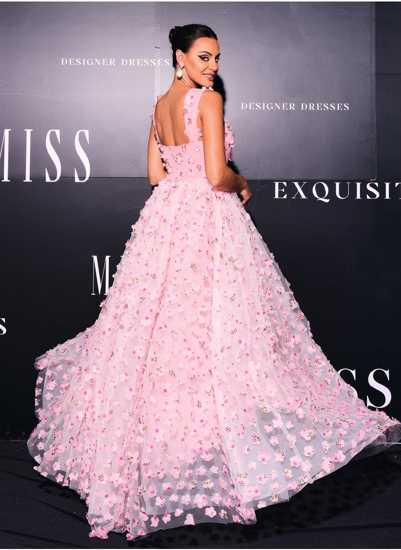 Pink 3D Floral - Embellished Square - Neck High - Slit Ball Gown