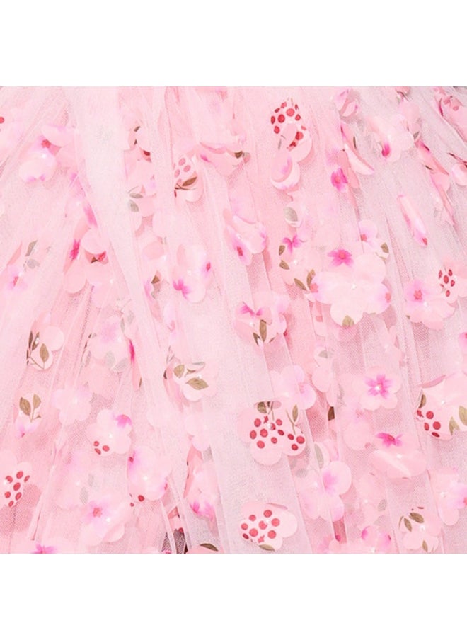 Pink 3D Floral - Embellished Square - Neck High - Slit Ball Gown