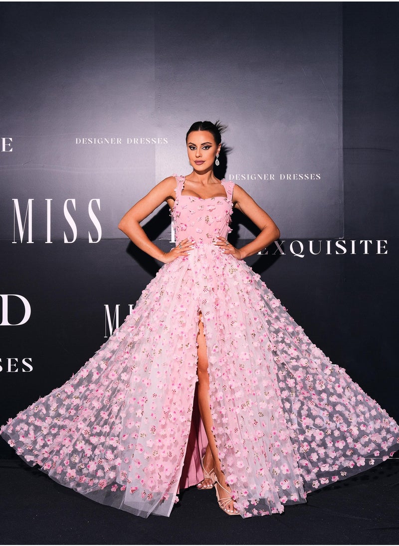 Pink 3D Floral - Embellished Square - Neck High - Slit Ball Gown