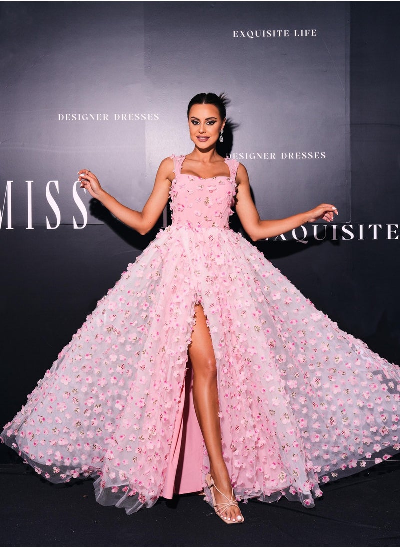 Pink 3D Floral - Embellished Square - Neck High - Slit Ball Gown