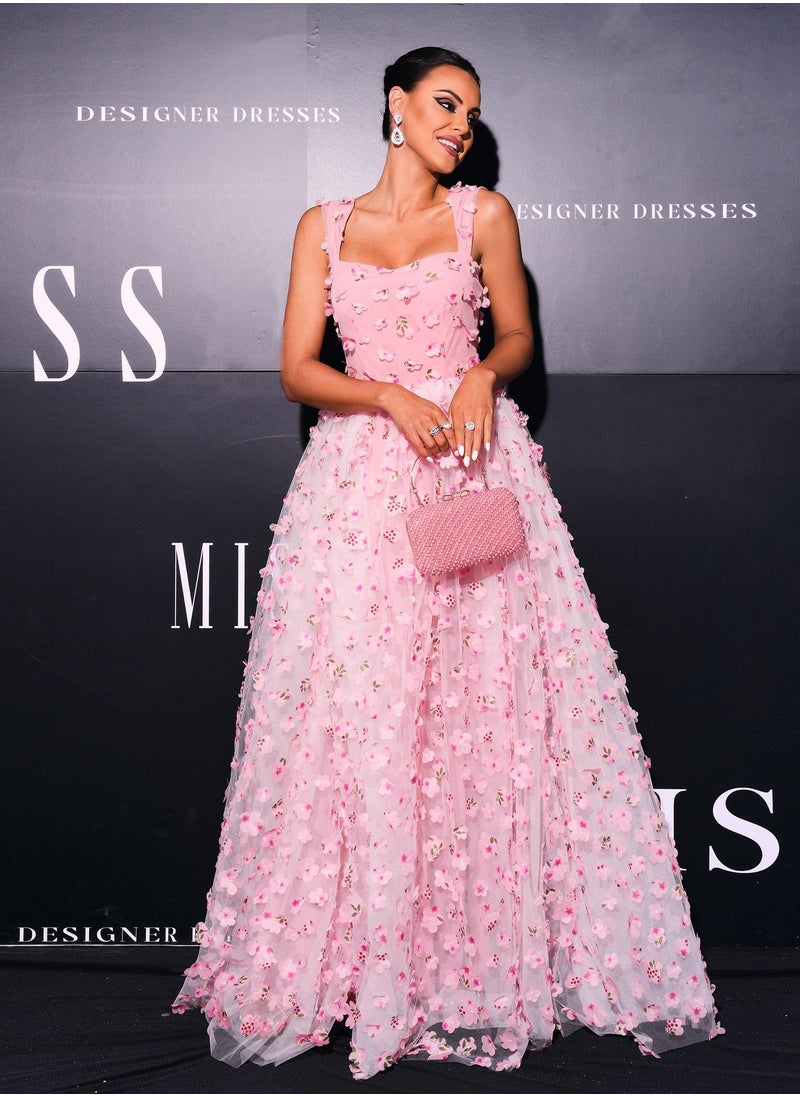 Pink 3D Floral - Embellished Square - Neck High - Slit Ball Gown