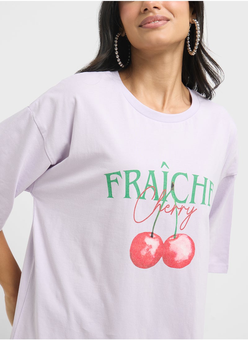 Oversize Cherry Detail Graphic T-Shirt