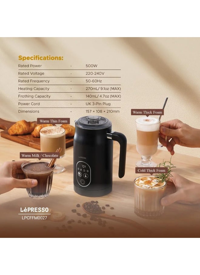 LePresso Four Froth Milk Frother, 270mL Heating Capacity, 140mL Frothing Capacity, Temperature Control, 500W, UK 3-Pin Plug - Black