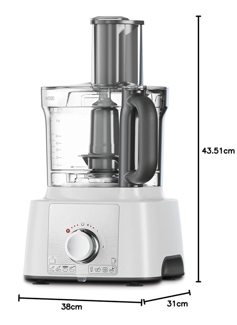 Food Processor 1000W Multi-Functional With 3L Bowl, 2 Stainless Steel Disks, Blender, Grinder Mill, Whisk, Dough Maker Fdp65.400Wh White