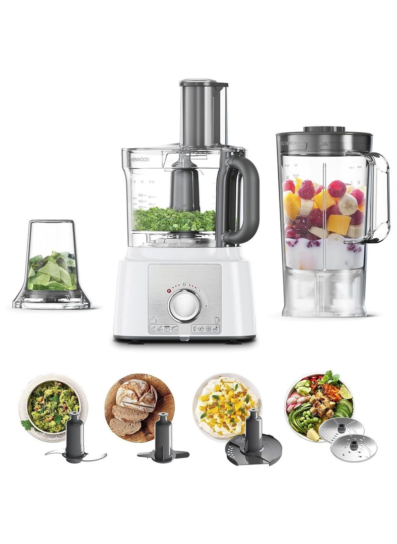 Food Processor 1000W Multi-Functional With 3L Bowl, 2 Stainless Steel Disks, Blender, Grinder Mill, Whisk, Dough Maker Fdp65.400Wh White