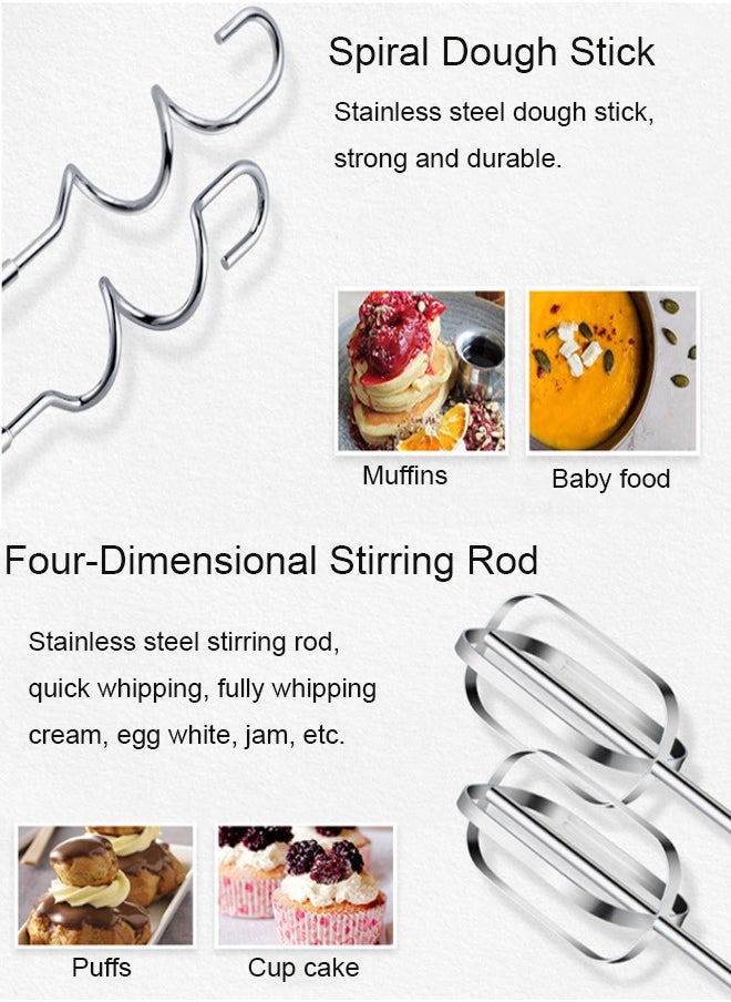 Hand Mixer, 800W Handheld Mixer, Electric Egg Beater, Electric Whisk,  5-Speed Plus Turbo Hand Blender Electric With 4 Stainless Steel Attachments(2 Beaters, 2 Dough Hooks), Silver/White