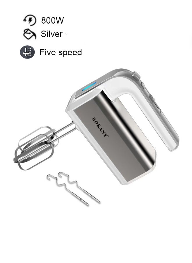Hand Mixer, 800W Handheld Mixer, Electric Egg Beater, Electric Whisk,  5-Speed Plus Turbo Hand Blender Electric With 4 Stainless Steel Attachments(2 Beaters, 2 Dough Hooks), Silver/White