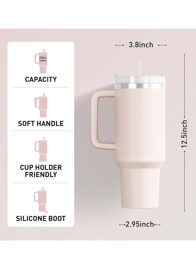 Stanley Tumbler With Handle 40 oz Travel Mug Straw Covers Cup with Lid Insulated Quencher Stainless Steel Water Iced Tea Coffee Gift ROSE