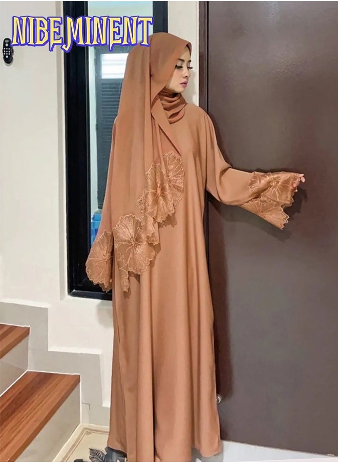 Unique Design Abaya Muslim Robe Casual Loose Fitting Long Sleeved with Large Hem, Dress with Headscarf Khaki