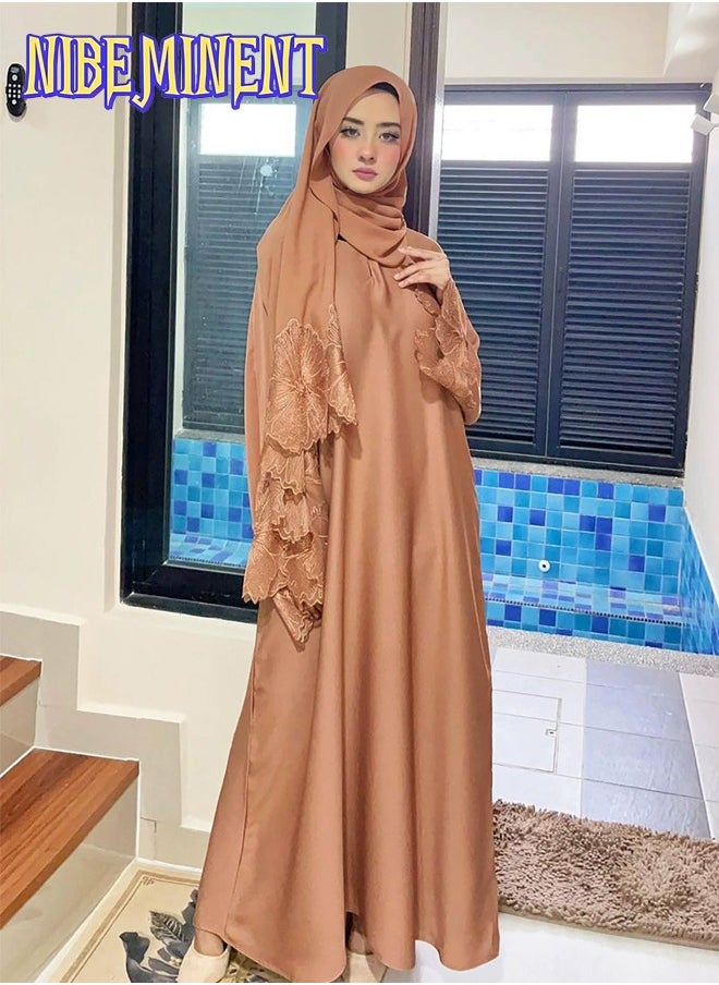 Unique Design Abaya Muslim Robe Casual Loose Fitting Long Sleeved with Large Hem, Dress with Headscarf Khaki