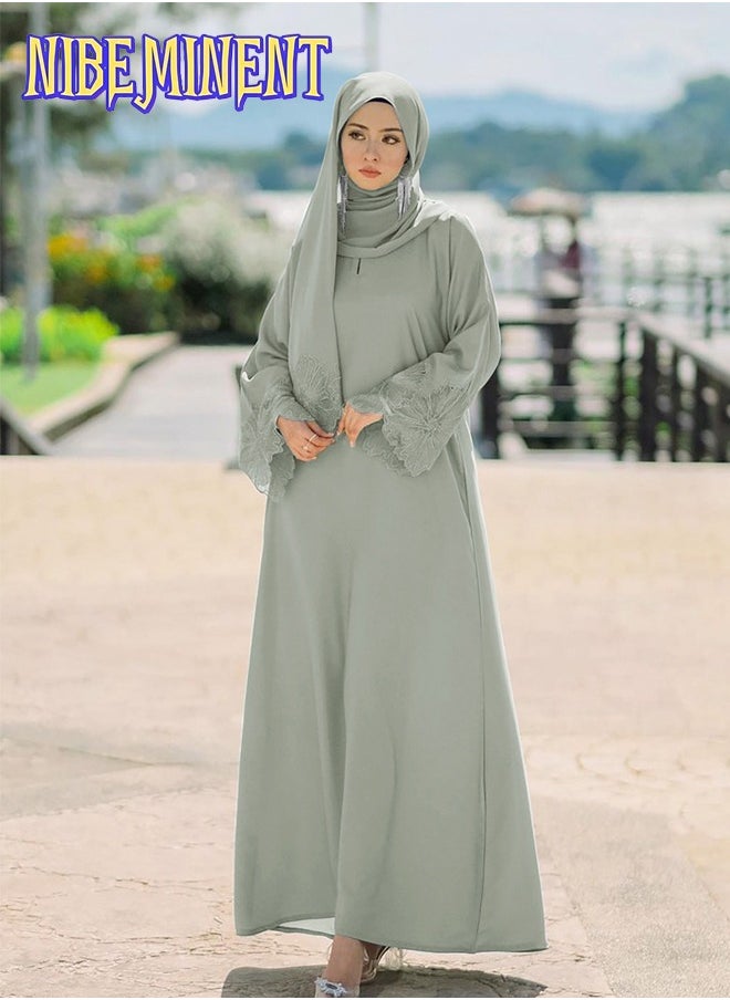 Unique Design Abaya Muslim Robe Casual Loose Fitting Long Sleeved with Large Hem, Dress with Headscarf Light Green
