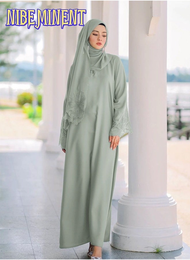 Unique Design Abaya Muslim Robe Casual Loose Fitting Long Sleeved with Large Hem, Dress with Headscarf Light Green