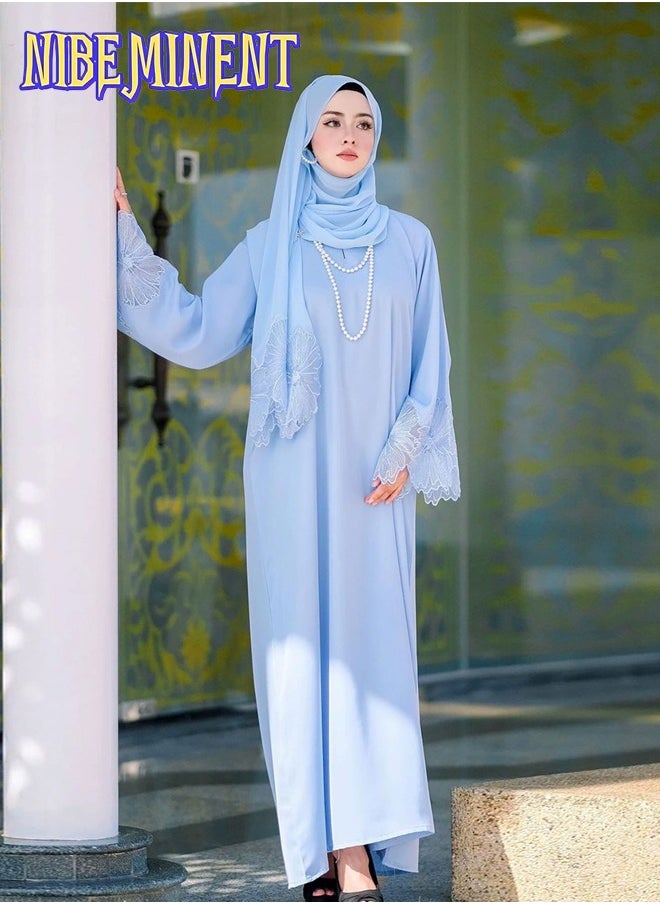 Unique Design Abaya Muslim Robe Casual Loose Fitting Long Sleeved with Large Hem, Dress with Headscarf Light Blue