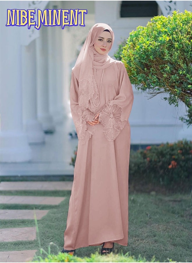 Unique Design Abaya Muslim Robe Casual Loose Fitting Long Sleeved with Large Hem, Dress with Headscarf Pink