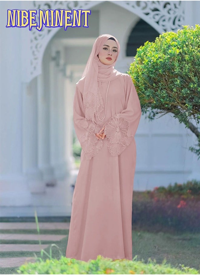 Unique Design Abaya Muslim Robe Casual Loose Fitting Long Sleeved with Large Hem, Dress with Headscarf Pink