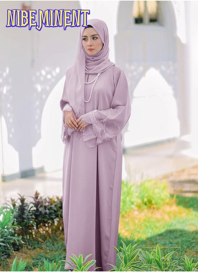Unique Design Abaya Muslim Robe Casual Loose Fitting Long Sleeved with Large Hem, Dress with Headscarf Light Purple