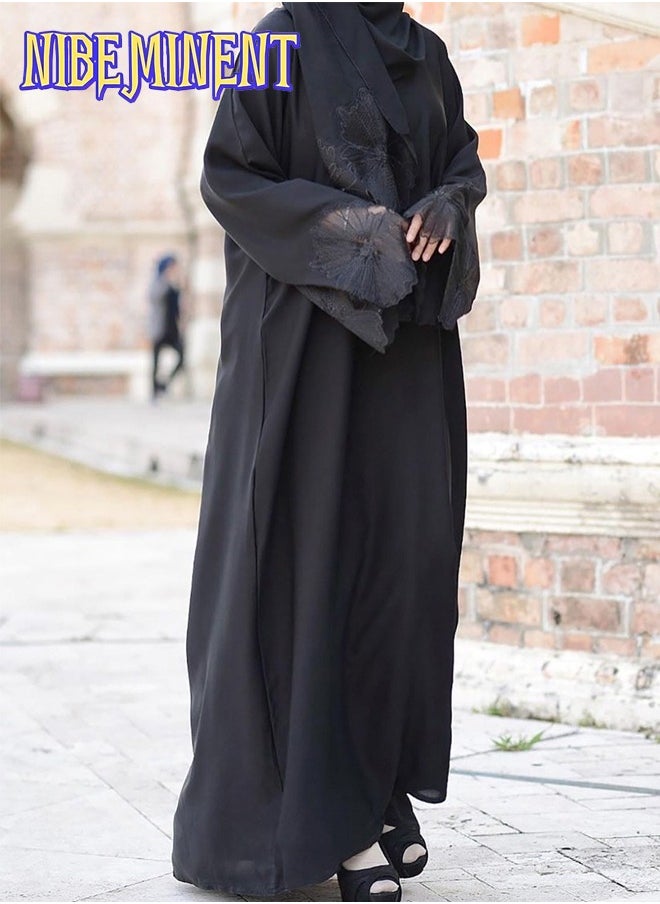 Unique Design Abaya Muslim Robe Casual Loose Fitting Long Sleeved with Large Hem, Dress with Headscarf Black