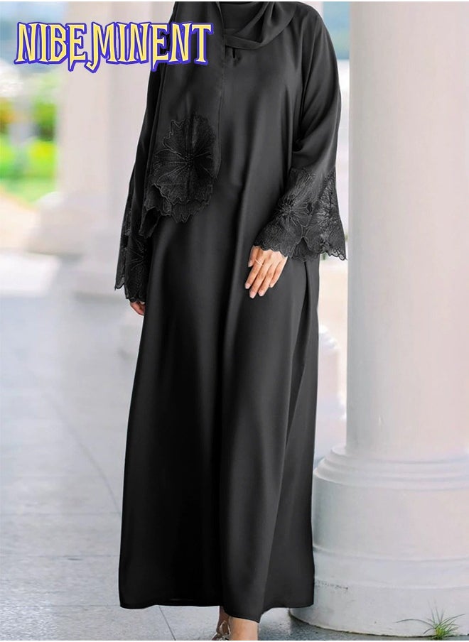 Unique Design Abaya Muslim Robe Casual Loose Fitting Long Sleeved with Large Hem, Dress with Headscarf Black