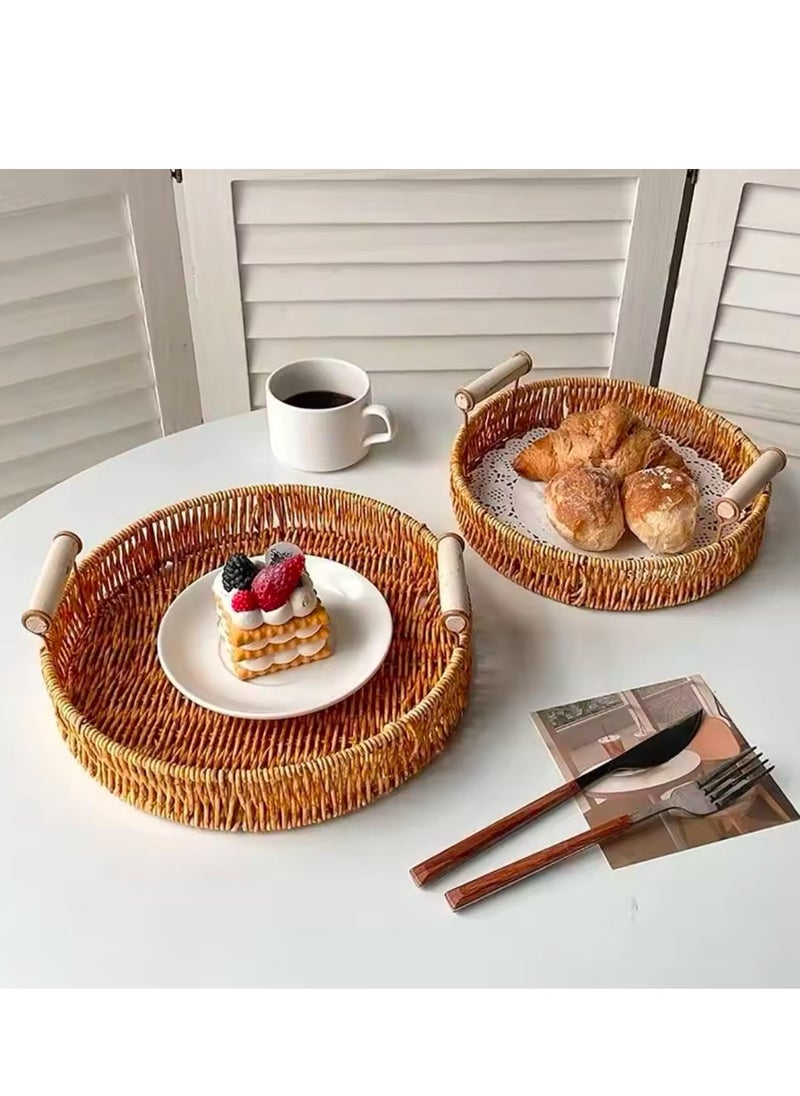 3 Pcs Set Food Plate Handwoven Plastic Rattan Storage Tray Round Shape Fruit Vegetable Cake Wicker Rattan Threads Basket With Handle
