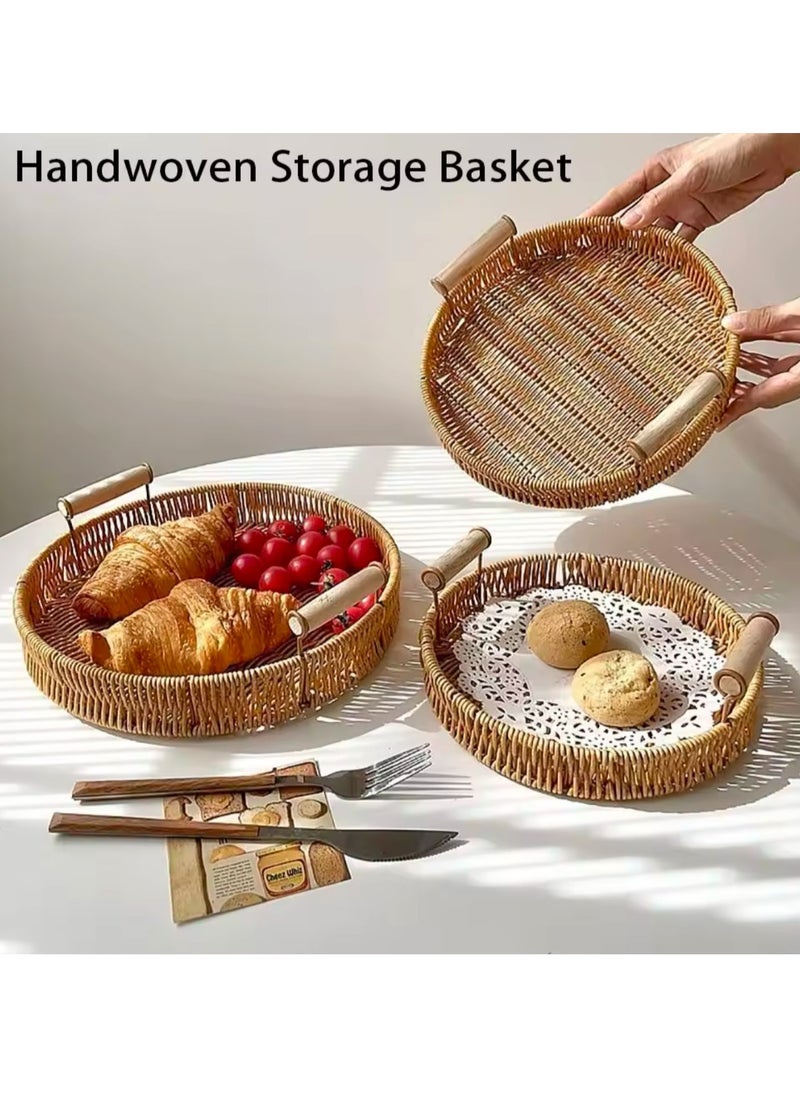 3 Pcs Set Food Plate Handwoven Plastic Rattan Storage Tray Round Shape Fruit Vegetable Cake Wicker Rattan Threads Basket With Handle
