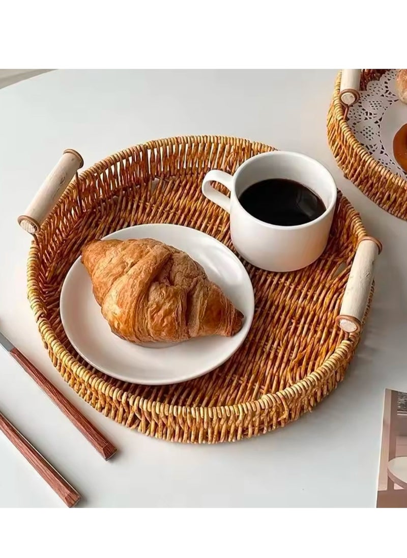 3 Pcs Set Food Plate Handwoven Plastic Rattan Storage Tray Round Shape Fruit Vegetable Cake Wicker Rattan Threads Basket With Handle