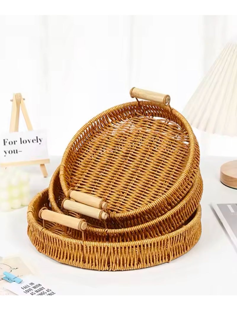 3 Pcs Set Food Plate Handwoven Plastic Rattan Storage Tray Round Shape Fruit Vegetable Cake Wicker Rattan Threads Basket With Handle