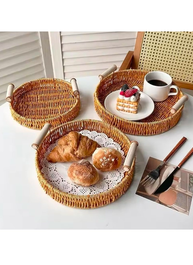 3 Pcs Set Food Plate Handwoven Plastic Rattan Storage Tray Round Shape Fruit Vegetable Cake Wicker Rattan Threads Basket With Handle