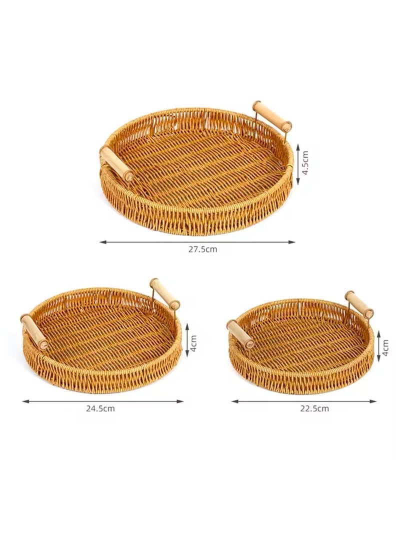 3 Pcs Set Food Plate Handwoven Plastic Rattan Storage Tray Round Shape Fruit Vegetable Cake Wicker Rattan Threads Basket With Handle