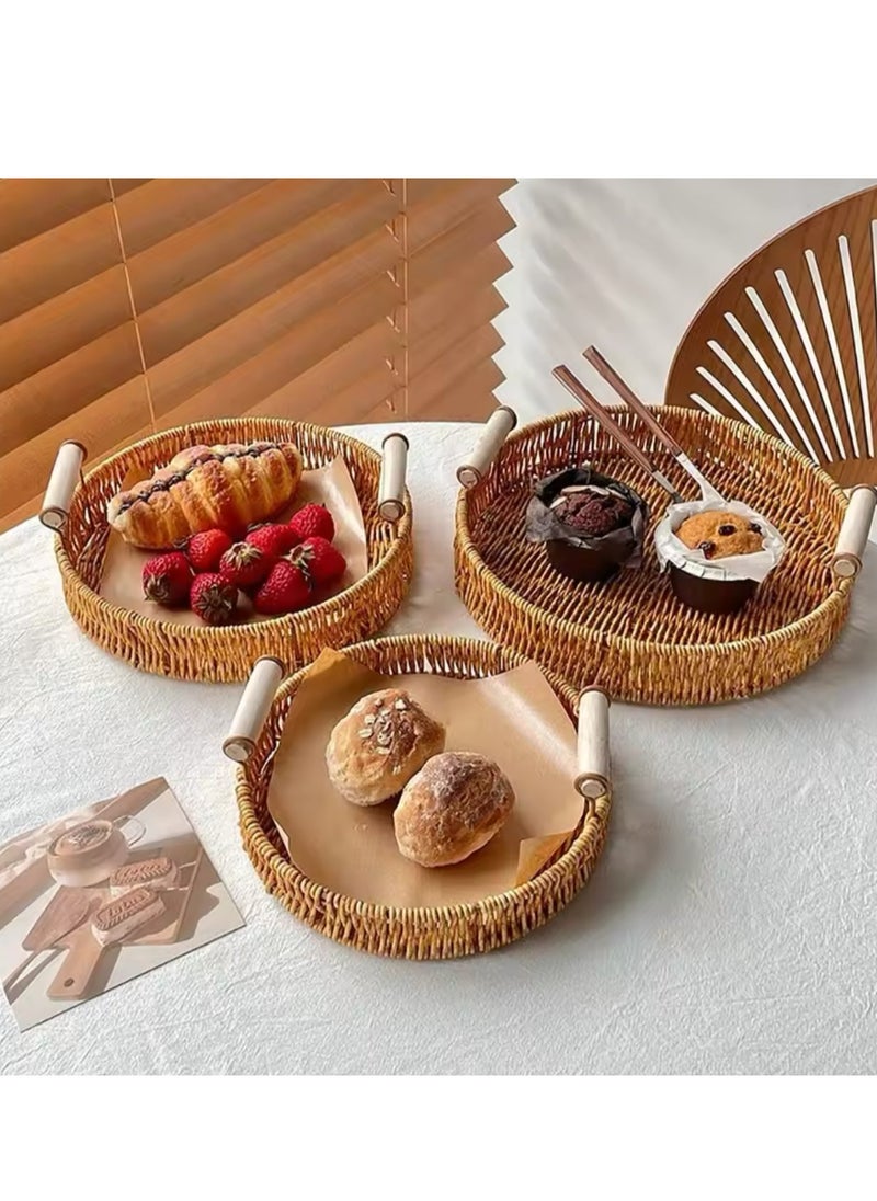 3 Pcs Set Food Plate Handwoven Plastic Rattan Storage Tray Round Shape Fruit Vegetable Cake Wicker Rattan Threads Basket With Handle