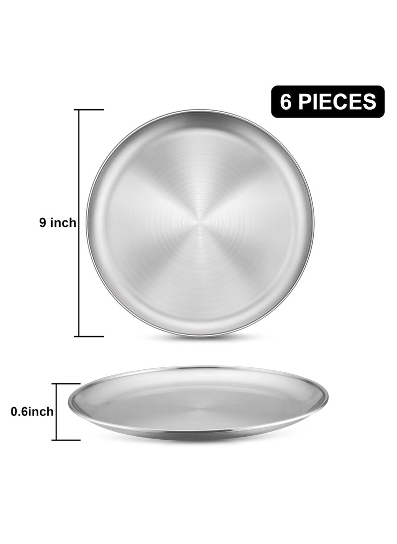 6 Piece Stainless Steel Plates, 9 (Approx. 22.9cm) Durability Dinner Plate, Metal 304 Round Dessert Feeding Serving Salad Pizza Tray for Picnic Camping, Reusable, Dishwasher Safe