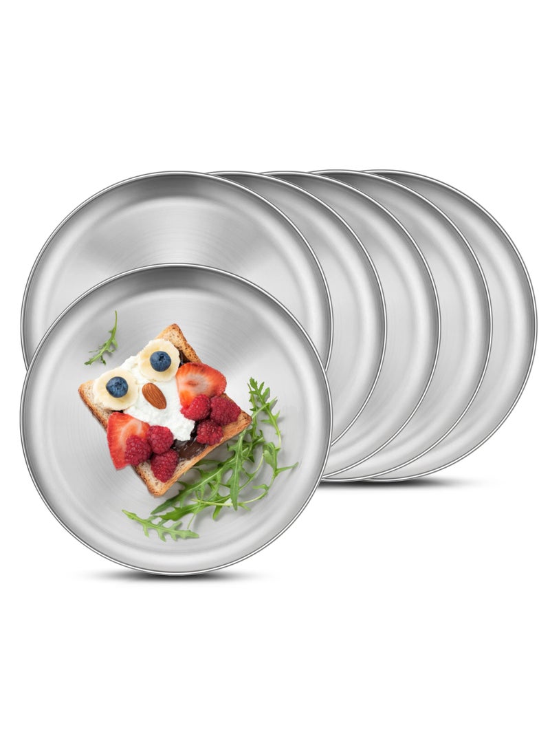 6 Piece Stainless Steel Plates, 9 (Approx. 22.9cm) Durability Dinner Plate, Metal 304 Round Dessert Feeding Serving Salad Pizza Tray for Picnic Camping, Reusable, Dishwasher Safe