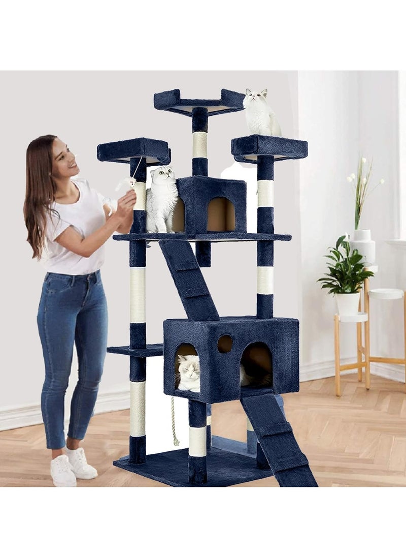 Cat Tree House 170cm Height Cat Climbing Condo with Sisal Scratching Post, Multi-Level, Hammock, Ladder, Cat Tower, and Resting Platforms for Indoor Cats Activity Station