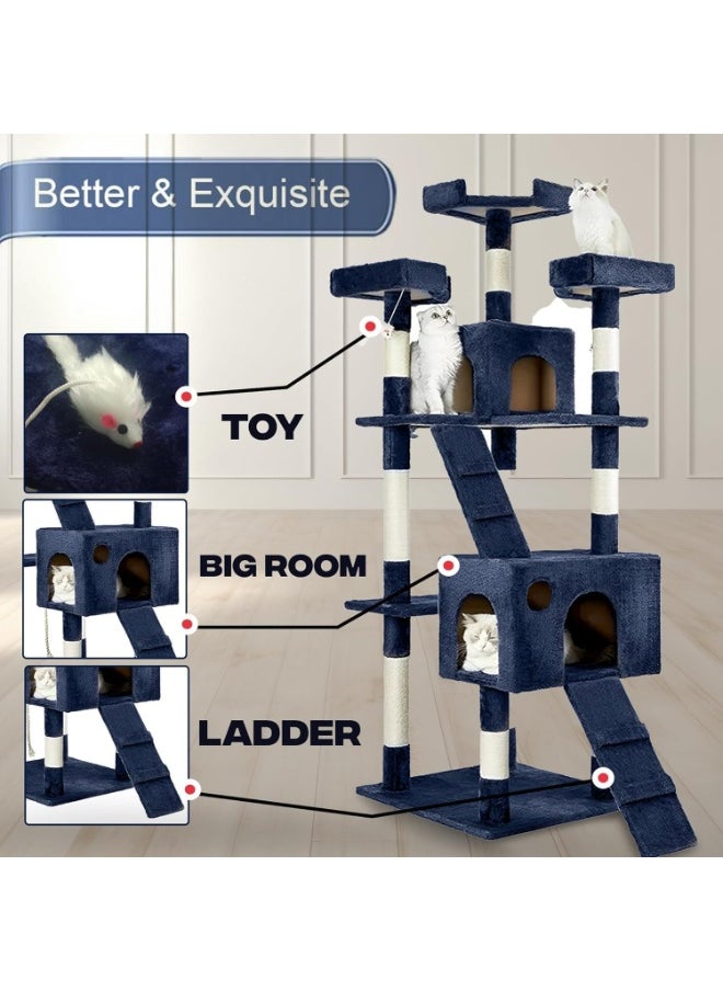 Cat Tree House 170cm Height Cat Climbing Condo with Sisal Scratching Post, Multi-Level, Hammock, Ladder, Cat Tower, and Resting Platforms for Indoor Cats Activity Station
