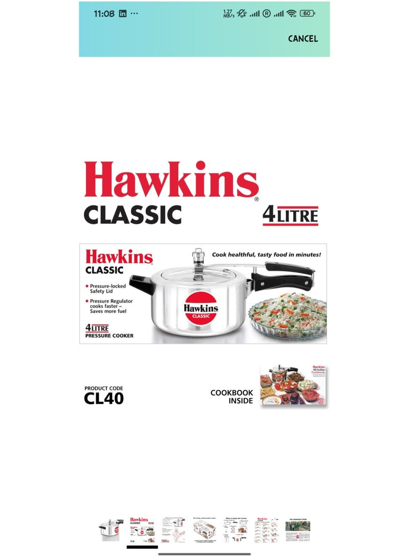 Classic Aluminium Inner Lid Pressure Cooker, 4 Litre, Silver (CL40)