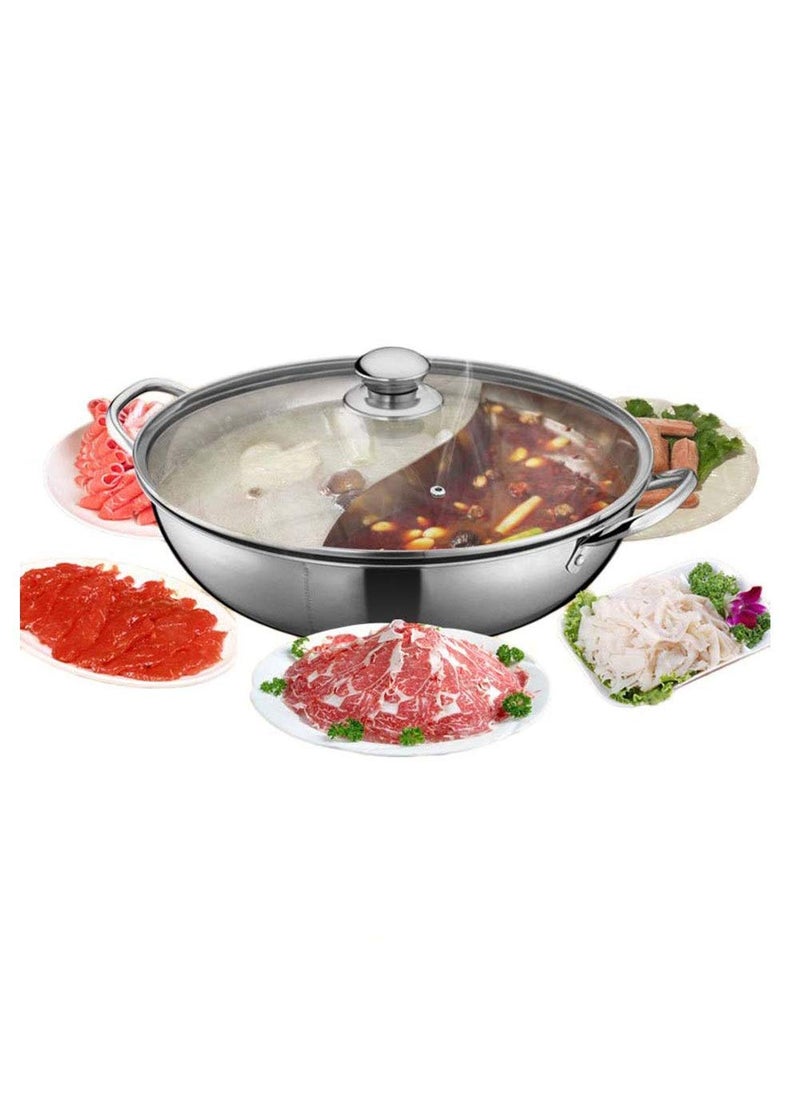 Mugath Stainless Steel Hot Pot with Divider 32cm DoubleFlavor Shabu Shabu Pot Dual Sided Soup Cookware for Induction Cooktop Gas Stove Rice Cooker Steamer Multicooker
