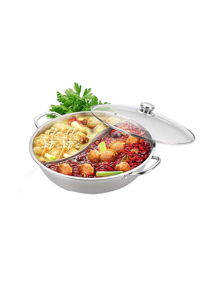 Mugath Stainless Steel Hot Pot with Divider 32cm DoubleFlavor Shabu Shabu Pot Dual Sided Soup Cookware for Induction Cooktop Gas Stove Rice Cooker Steamer Multicooker