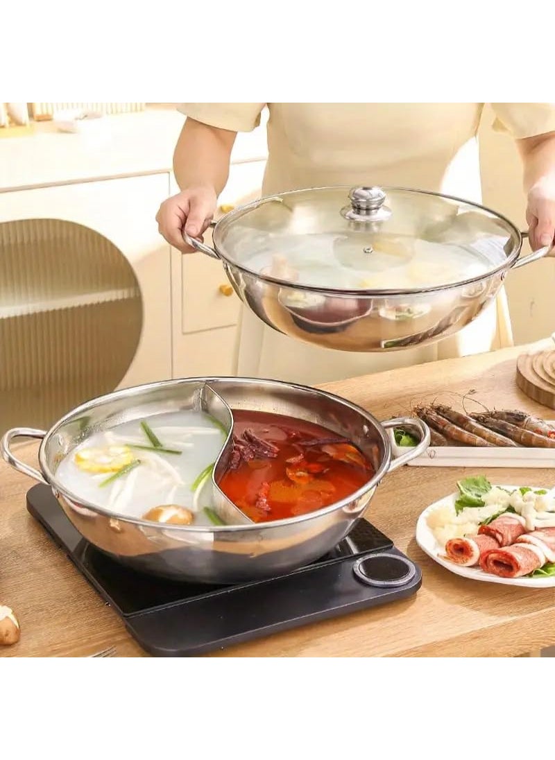Mugath Stainless Steel Hot Pot with Divider 32cm DoubleFlavor Shabu Shabu Pot Dual Sided Soup Cookware for Induction Cooktop Gas Stove Rice Cooker Steamer Multicooker