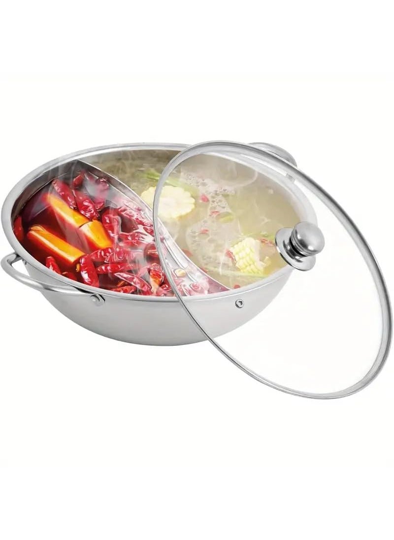 Mugath Stainless Steel Shabu Shabu Hot Pot with Divider for Induction Cooktop Gas Stove 30cm with Cover Partition Pot Cooking PotBig Soup PotTwoFlavor Design S Grid Mandarin Duck Pot