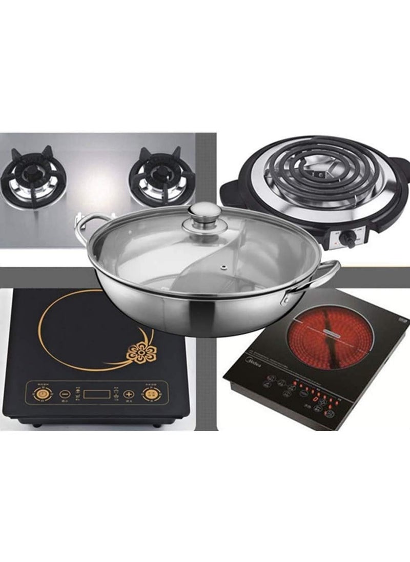 Ketumal 2 in 1 Shabu Shabu Divider Hot Pot with Glass LidStainless Steel TwoFlavor Soup PotRamen Cooker Hot Pot Soup Base Korean BBQ Multi Cooker Stainless Steel Pot1130 cm Pot with Divider