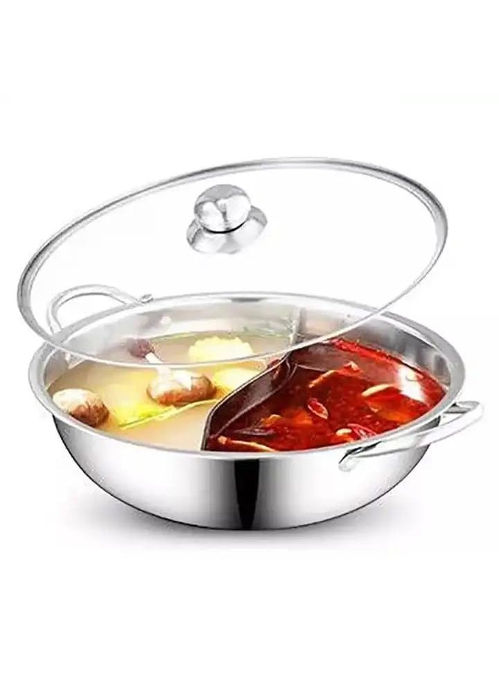 Mugath Steel Hot Pot with Divider Shabu Shabu Pot with Glass Lid Hot Pot SetHot Pot with DividerHot Pots Food Grade Stainless Steel Chinese Dual Sided Pot Set for Induction Cooktop Gas Stove