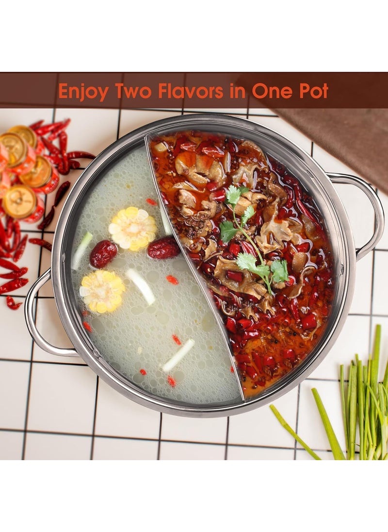 Ketumal Steel Shabu Shabu Hot Pot Pot with Divider for Induction Cooktop Gas StoveTabletop TwoMeal Pot Enjoying Two Flavors at The Same TimeSoup PotWok pan 30cm with Cover