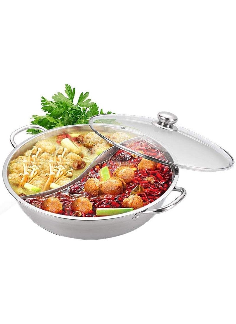 MUGATH Stainless Steel Shabu Shabu Hot Pot with Divider for Induction Cooktop Gas Stove 30cm with Cover Partition Pot Cooking PotBig Soup PotTwoFlavor Design S Grid Mandarin Duck Pot